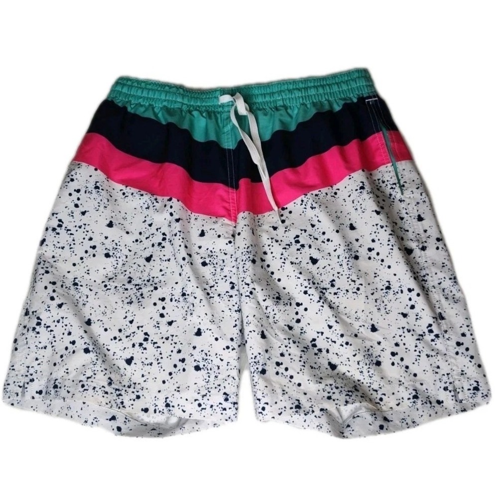 Chubbies Swim Trunks Mens Large White Pink Teal Splatter Striped Board Shorts
